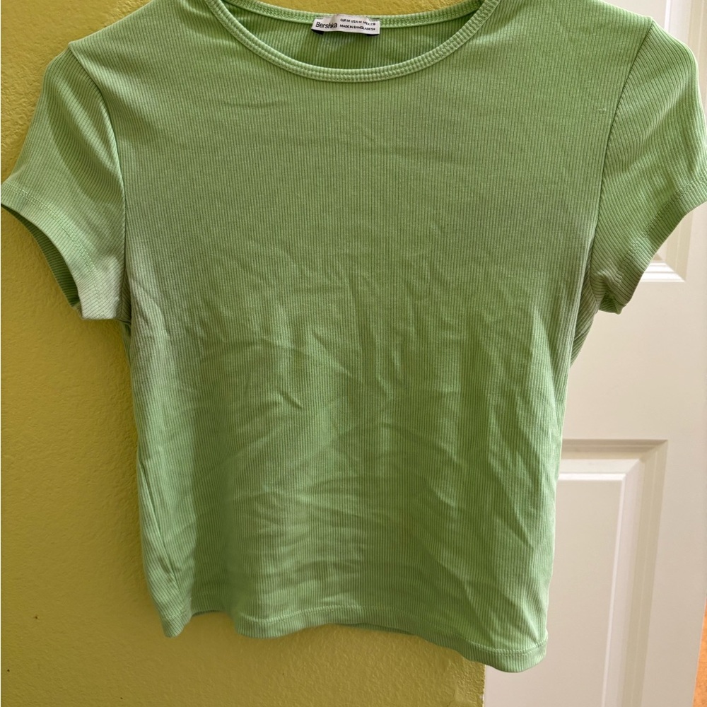 Bershka Light Green Ribbed Short Sleeve Tee
